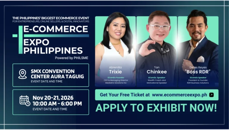 ECOMEX 2026 promotional banner featuring Trixie Esguerra-Abrenilla, Chinkee Tan, and Reymond "Boss RDR" Delos Reyes ahead of the November 20–21, 2026 event at SMX Convention Center Aura.